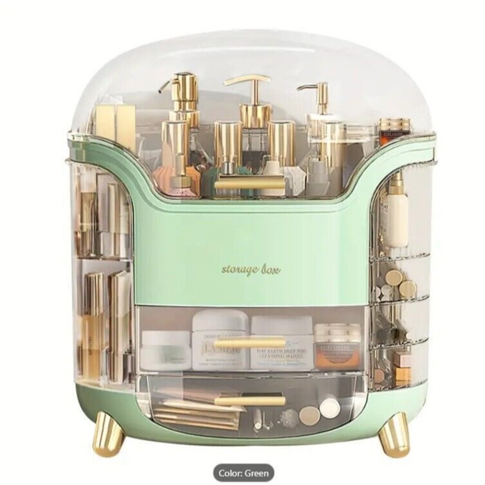 Large Makeup Organizer Storage Box w/ Clear Lid Vanity Cosmetic Case Green